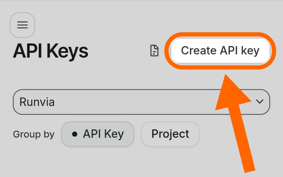 Schermata API Keys: pulsante Create API key evidenziato